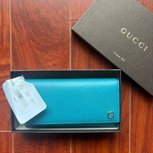 Never Used GUCCI Teal Long Wallet in Gucci Box